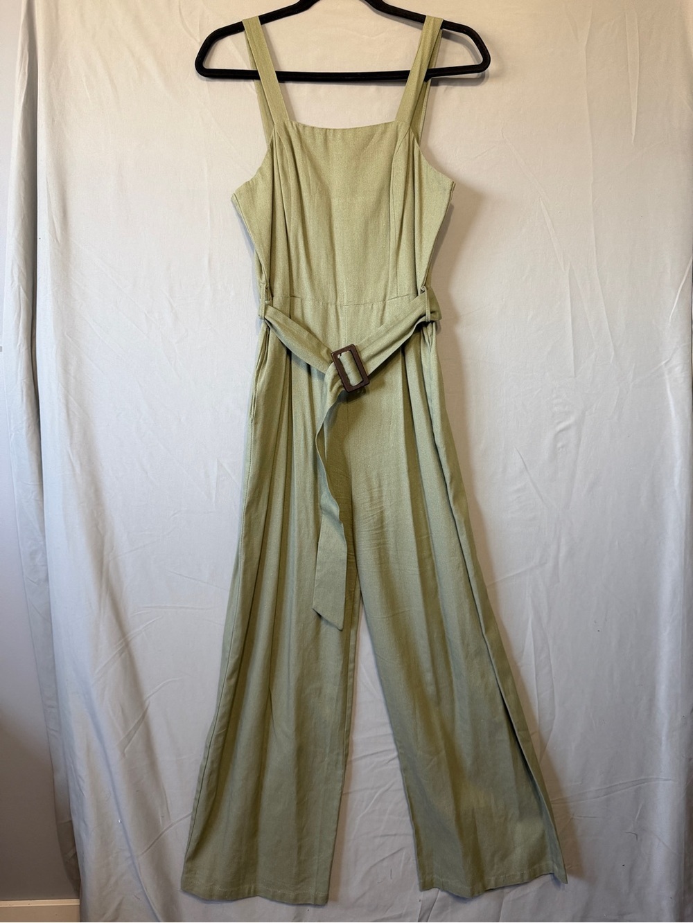 Monteau Los Angeles Womens Wide Leg Belted Linen Blend Jumpsuit Green Smocked